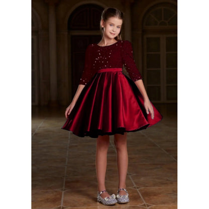 Generic Girl's Rayon Solid Round Neck Western Dress (Maroon)