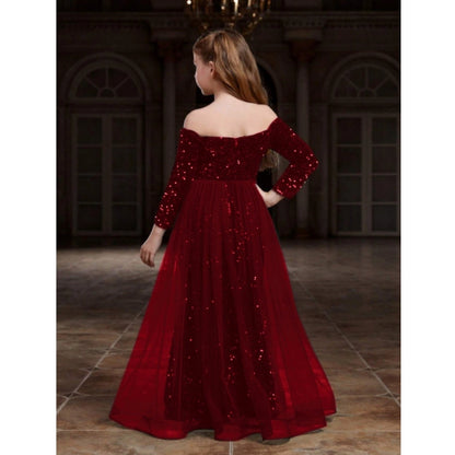 Generic Girl's Rayon Solid Off Sholder Western Dress (Maroon)
