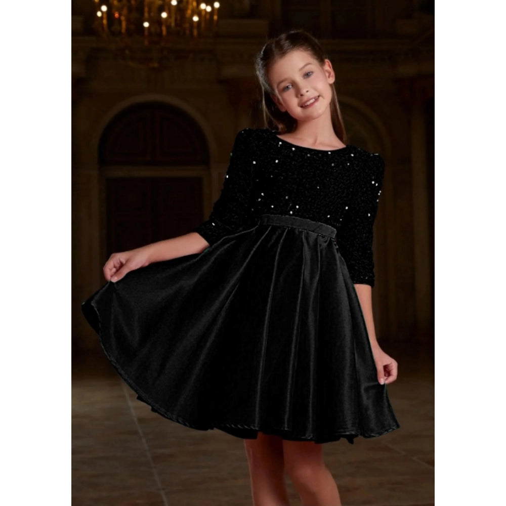 Generic Girl's Rayon Solid Round Neck Western Dress (Black)