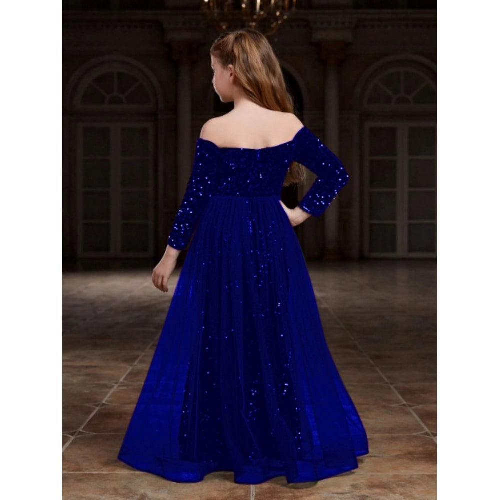 Generic Girl's Rayon Solid Off Sholder Western Dress (Blue)