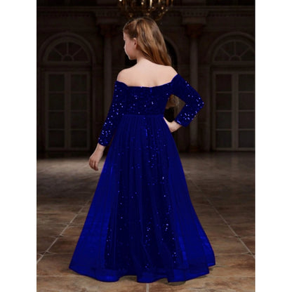 Generic Girl's Rayon Solid Off Sholder Western Dress (Blue)
