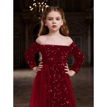 Generic Girl's Rayon Solid Off Sholder Western Dress (Maroon)