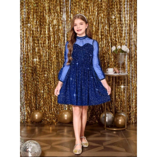 Generic Girl's Rayon Solid Round Neck Western Dress (Blue)