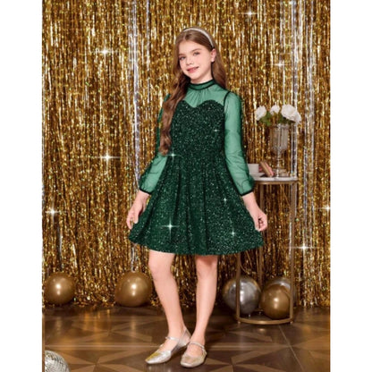 Generic Girl's Rayon Solid Round Neck Western Dress (Green)