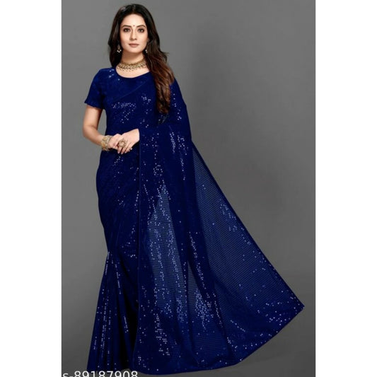Generic Women's Georgette Embellished Sequnece Bollywood Saree With Unstitched Blouse 5.5Mtr (Blue)