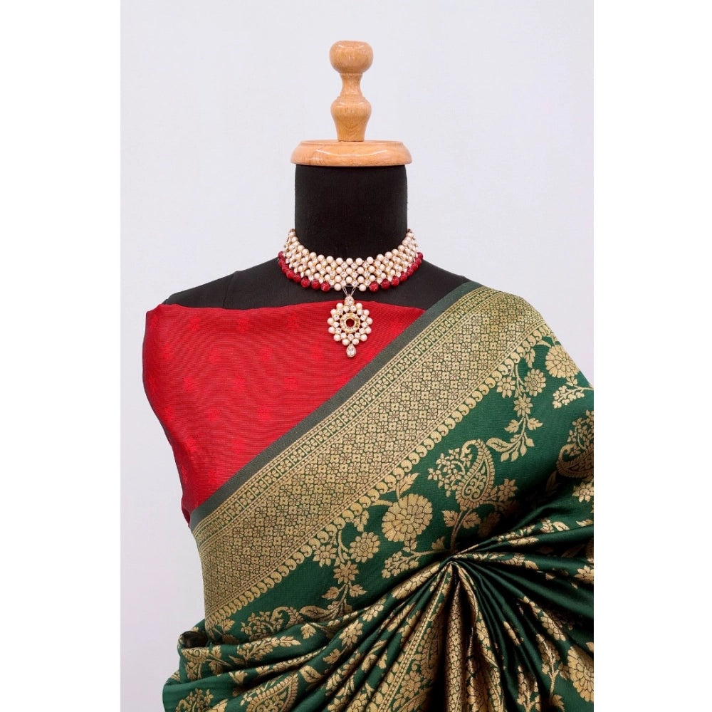 Generic Women's Banarasi Printed Saree With Unstitched Blouse 5.5Mtr (Green)