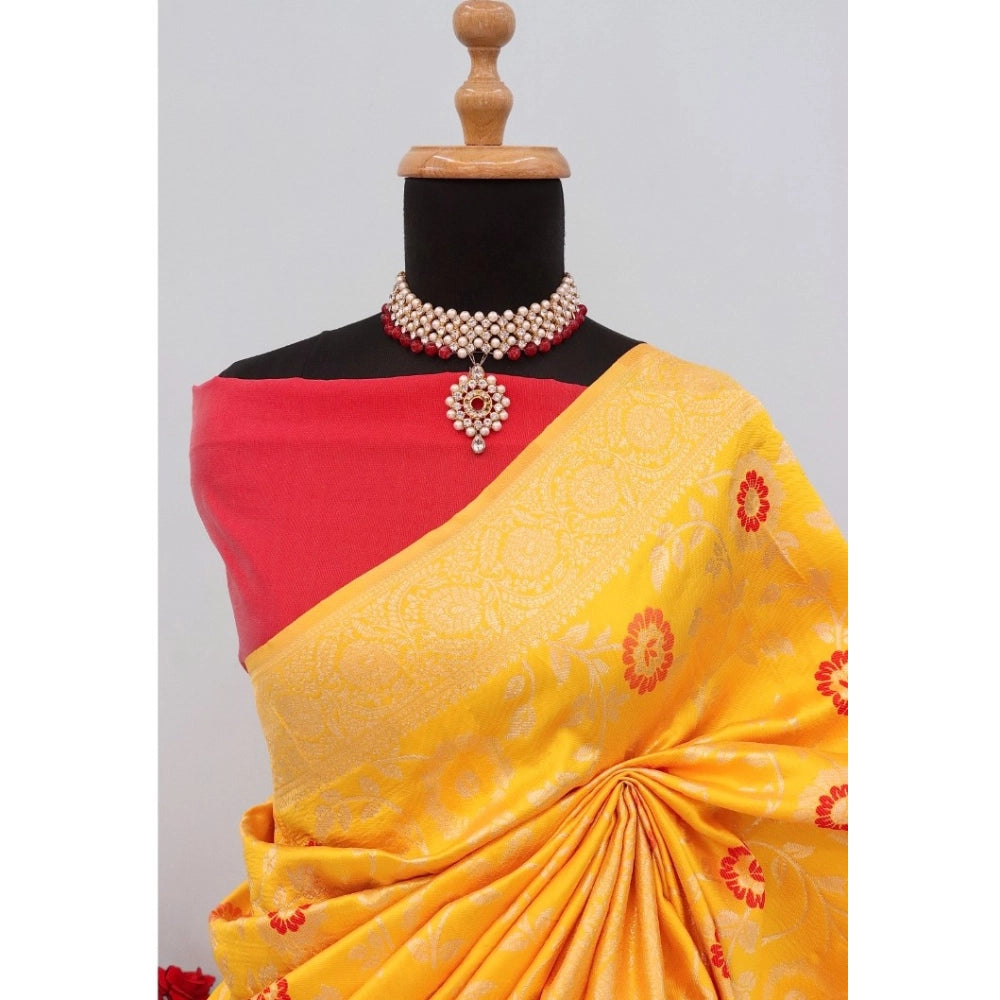 Generic Women's Banarasi Printed Saree With Unstitched Blouse 5.5Mtr (Yellow)