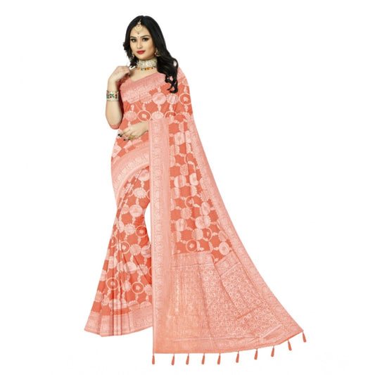 Generic Women's Cotton Printed Saree With Unstitched Blouse 5.5Mtr (Orange)