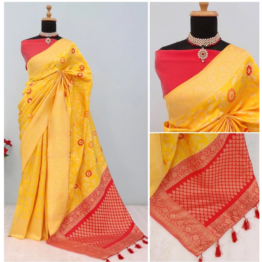 Generic Women's Banarasi Printed Saree With Unstitched Blouse 5.5Mtr (Yellow)