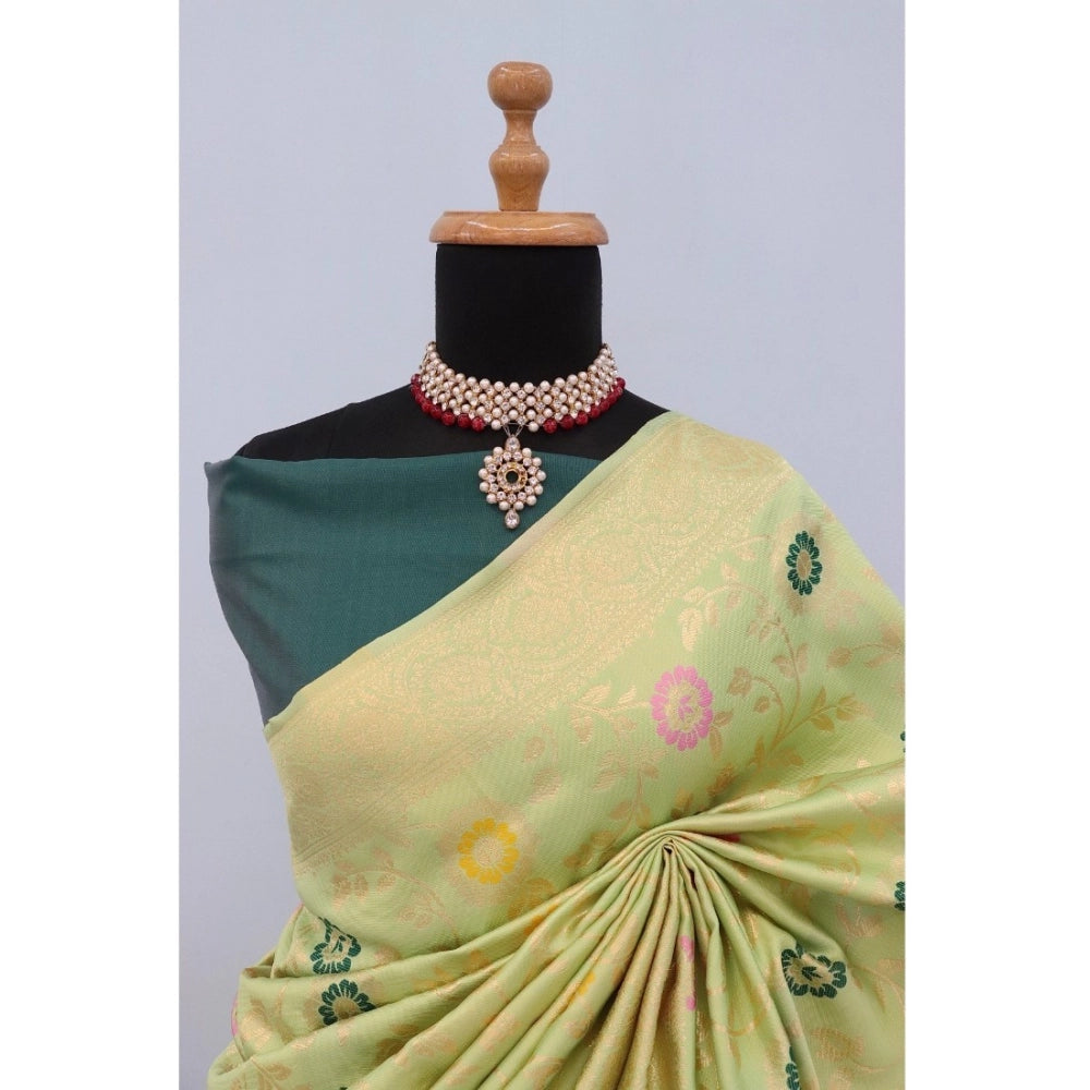 Generic Women's Banarasi Printed Saree With Unstitched Blouse 5.5Mtr (Light Green)