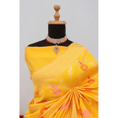 Generic Women's Banarasi Printed Saree With Unstitched Blouse 5.5Mtr (Yellow)