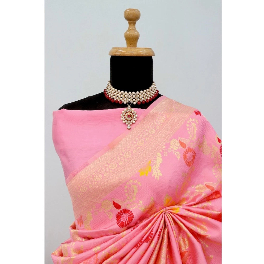 Generic Women's Banarasi Printed Saree With Unstitched Blouse 5.5Mtr (Pink)